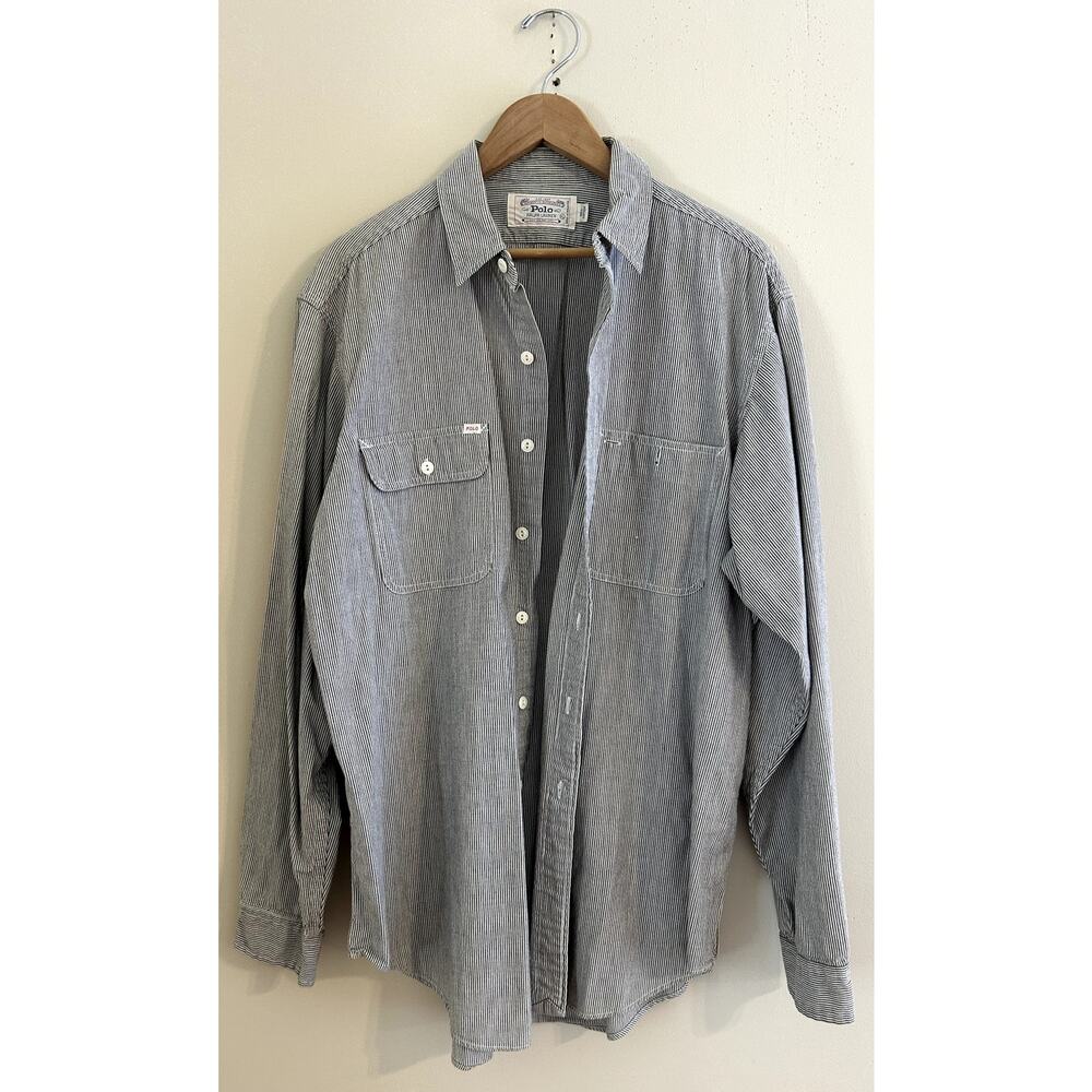 Vintage 90s Polo Ralph Lauren Striped Chambray Workwear Button-up Men's XL - Picture 4 of 10